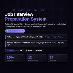 Op de afbeelding: Een donkere digitale interface getiteld Job Interview Preparation System. Het bevat tekst over interviewstrategieën, 150+ vragen, 12 branchepakketten en 14 talen. De lay-out bevat knoppen voor S, T, A, R en de URL focus2grow.app.