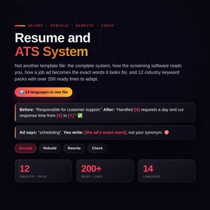 Könnte beinhalten: Eine dunkel gestaltete digitale Grafik mit dem Titel Resume and ATS System, die Text über Karriere-Kits, 12 Branchen-Keyword-Pakete, 200+ fertige Zeilen und 14 Sprachen enthält. Sie zeigt Beispiele für die Überarbeitung von Lebensläufen und die Website focus2grow.app.