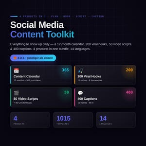 Könnte beinhalten: Ein Social Media Content Toolkit mit einem 12-Monats-Kalender, 200 viralen Hooks, 50 Videoskripten und 400 Bildunterschriften. Die dunkle Benutzeroberfläche zeigt 1015 Vorlagen in 14 Sprachen mit dem Text Social Media Content Toolkit.