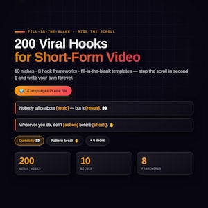 200 hook virali per video brevi | Modelli di ganci da completare in 10 nicchie | Download immediato