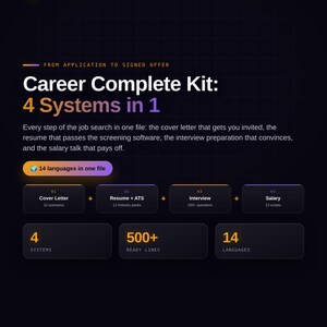 Könnte beinhalten: Ein digitales Dokument mit dem Titel Career Complete Kit: 4 Systems in 1, das Abschnitte für Anschreiben, Lebenslauf und ATS, Vorstellungsgesprächsvorbereitung und Gehaltsverhandlungen enthält. Es umfasst 500+ fertige Zeilen, 14 Sprachen und die Website focus2grow.app.