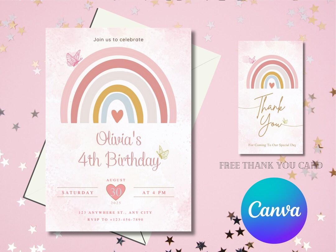Rainbow Party Invitation. Editable in Canva. DIY Canva Etsy
