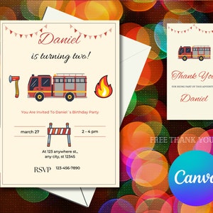 Firetruck Birthday Invitation. FireTruck Invitation. Birthday Canva Template. Editable Template. Birthday Invitation Red. Firetruck birthday
