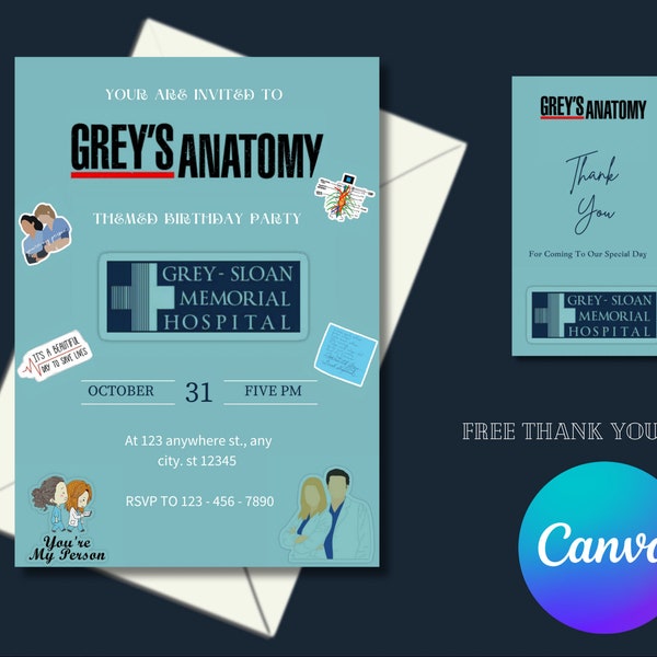 Grey’s Anatomy Invitation, editable canva template, Grey’s anatomy themed party, grey’s anatomy