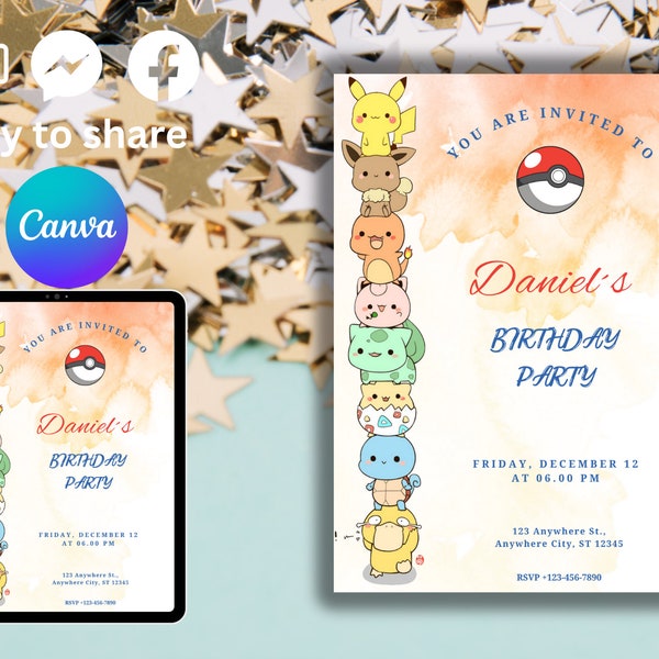 Pokemon Birthday Invitation Template, Pikachu Editable Digital Invitation for Kids, First Birthday Invitation, Poke Birthday Event