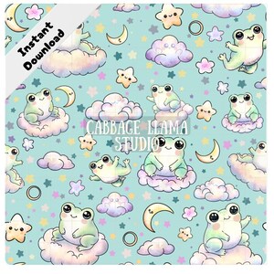 May include: A seamless pattern featuring cute green frogs sitting on rainbow clouds with stars and moons on a light blue background.