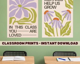 Classroom Wall Set of Two Posters, Print Download, Educational Prints, Affirmations, School Printable, Positive School Art, Retro Classroom
