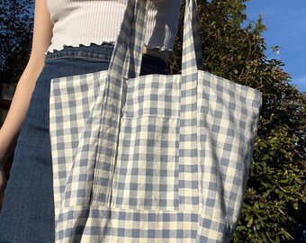 Handmade Blue Gingham Tote Bag, one-of-a-kind, upcycled, thrifted, cottagecore, ethereal