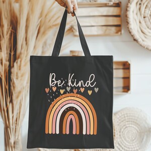 Boho rainbow and hearts be kind tote bag, cotton canvas reusable shopping bag, eco grocery bag, aesthetic tote bag, shoulder bag book bag