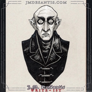 May include: Black and white illustration of a vampire with sharp teeth and a long black coat. The image is drawn in a cartoon style and has a vintage feel.