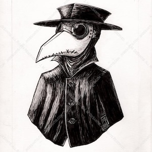 Plague Doctor Ink and Vintage Woodcut - Print
