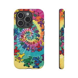 May include: A colorful phone case featuring a tie-dye spiral design with dancing bear illustrations in various colors. The case has a black camera cutout and a matching tie-dye pattern on the side.