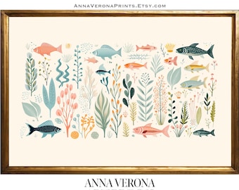Estampado de peces escandinavos, ilustración de vida marina costera (descarga digital)