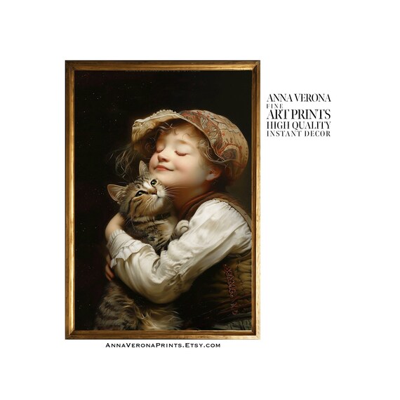 子供と猫の肖像画プリント、ヴィンテージ油絵スタイル（デジタル