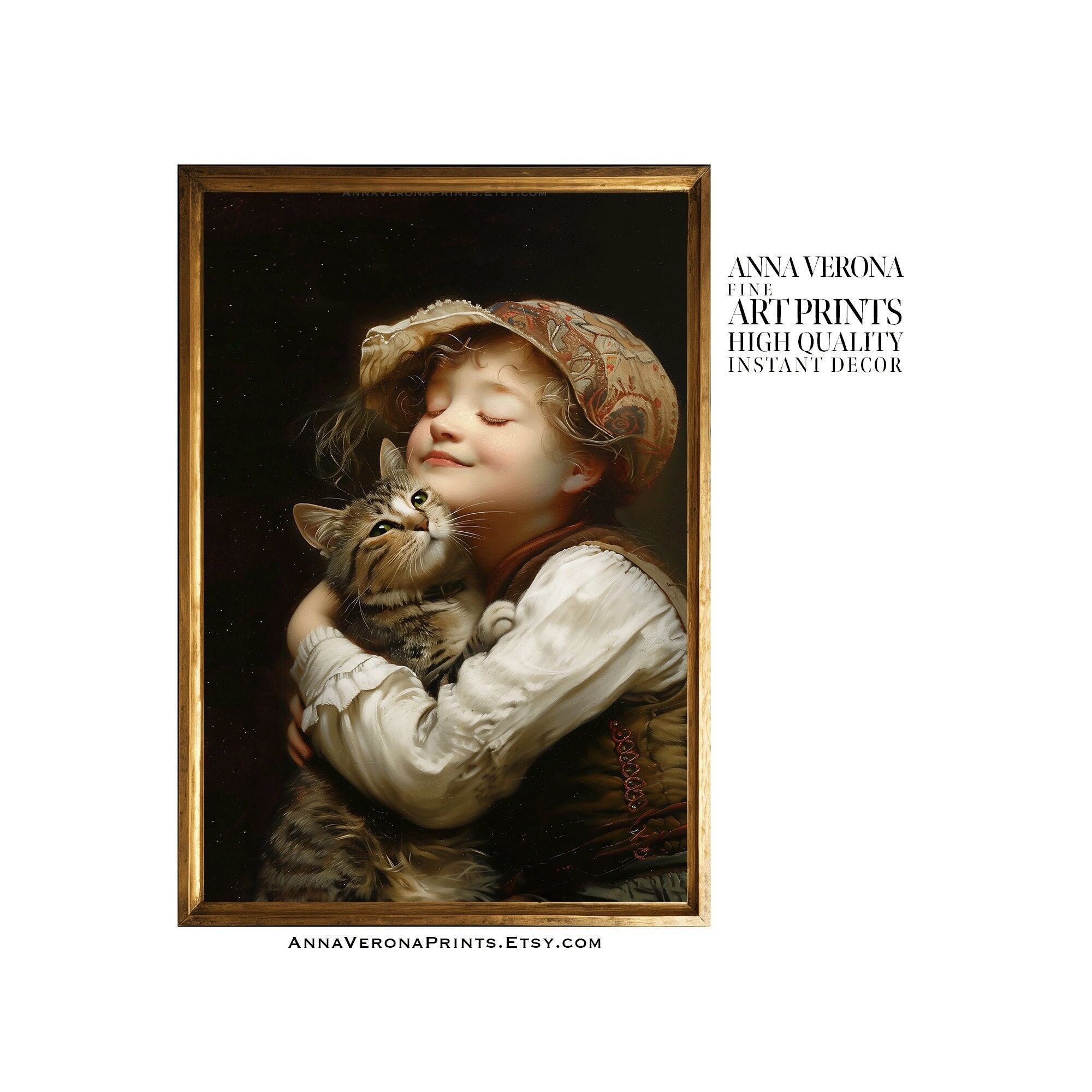 子供と猫の肖像画プリント、ヴィンテージ油絵スタイル（デジタル