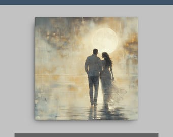 Romantic Abstract Printed Canvas Square Couple Art Wedding Anniversary Love Under the Moonlight Unique Wall Decor Original By AnnaV