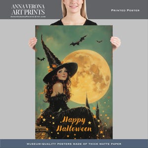 Poster stampato con luna magica vintage strega carta opaca, decorazione per festa di Halloween, divertente notte spettrale, stile retrò, incantato, arte originale di AnnaV