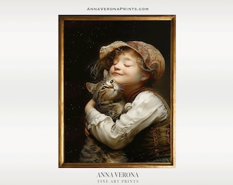 子供と猫の肖像画プリント、ヴィンテージ油絵スタイル（デジタル