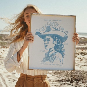Cowboy Like Me Art Print, Blue Coastal Cowgirl Drawing, Minimal Trendy Chic Wall Art Decor, Original Wall Art,  Vintage Western Fine Art