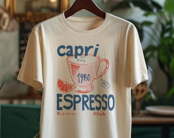 Capri Italy Espresso Club 1980 Graphic Tee - Soft Vintage Cotton T-Shirt, Italian Cafe Style, Retro Papiers Découpés Coffee Design