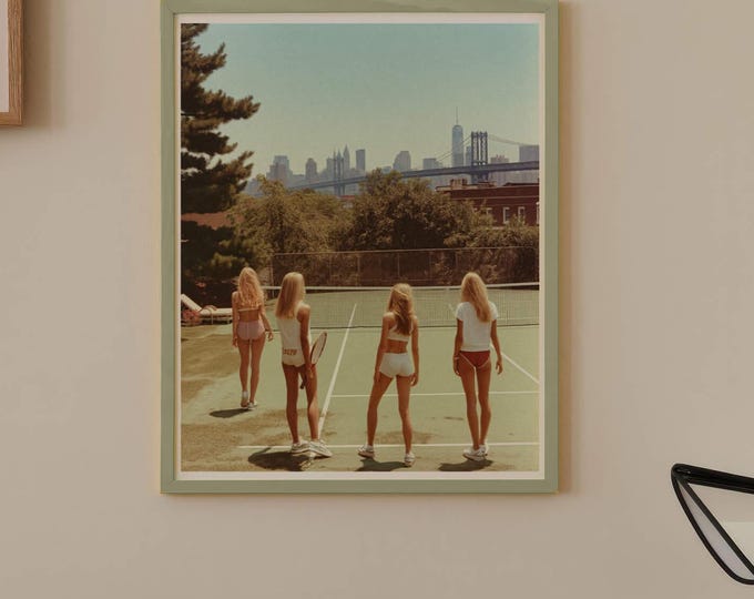 New York Tennis Art Print: Tennis Girls, New York Skyline, Vintage Film Photo