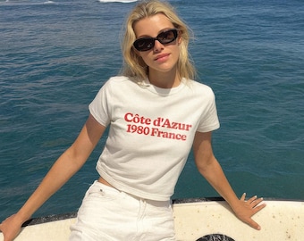 Cote d&#39;Azur 1980 Graphic Tee | Vintage French Riviera Baby Tee & Crop Top, Retro Summer Aesthetic, South of France T-Shirt, Summer Baby Tee