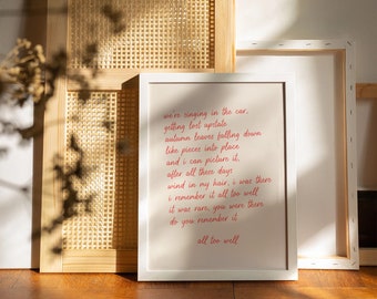 All Too Well Lyric Art Print, Vintage Fall Aesthetic, Minimalist Typography Print, Red Cursive, New York Room Decor, Heartbreak Quote Poster