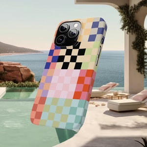 Custodia per iPhone con motivo a scacchi arcobaleno, design a scacchiera astratta, griglia retrò a blocchi di colore, custodia estetica per iPhone, compatibile con MagSafe