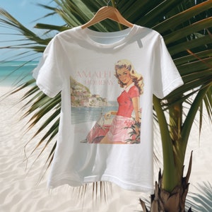 Amalfi Coast Vespa Graphic T-Shirt | Vintage Italy Graphic Tee, Retro Riviera Travel, 1950s, Vespa Travel Doll Graphic, Women&#39;s Cotton Tee