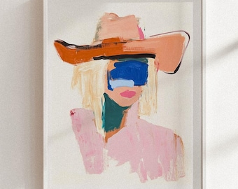 Abstract Cowgirl Thick Painting Art Print: Western Glam, Pink & Cobalt Rodeo Decor