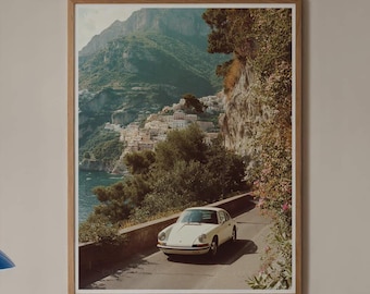 Vintage Car Print | Amalfi Coast Wall Art | Positano Italian Summer Poster | Classic Sports Car Photography | Old Money Aesthetic Decor