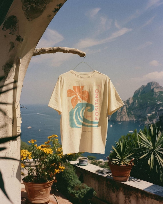 Positano Italy Surf Shirt, Italian Summer Graphic Tee, Coastal Beach T Shirt, Retro Surf Tee, Mediterranean Vacation Shirt, Italy Travel Tee