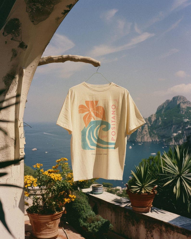 Positano Italy Surf Shirt, Italian Summer Graphic Tee, Coastal Beach T Shirt, Retro Surf Tee, Mediterranean Vacation Shirt, Italy Travel Tee image 1