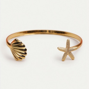 Shell and Starfish Gold Cuff Bracelet Adjustable, Mermaid Jewelry, Coastal Beach Bracelet, Seashell Gold Open Cuff Bracelet