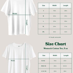 K&ouml;nnte beinhalten: Eine Gr&ouml;&szlig;entabelle f&uuml;r T-Shirts mit zwei separaten Tabellen f&uuml;r ein Unisex-T-Shirt aus weicher Baumwolle mit 4,5 oz und ein Damen-T-Shirt aus Baumwolle mit 5 oz. Die Tabellen listen Gr&ouml;&szlig;en, Breiten und L&auml;ngen in Zoll sowie einen Stretch-Hinweis.