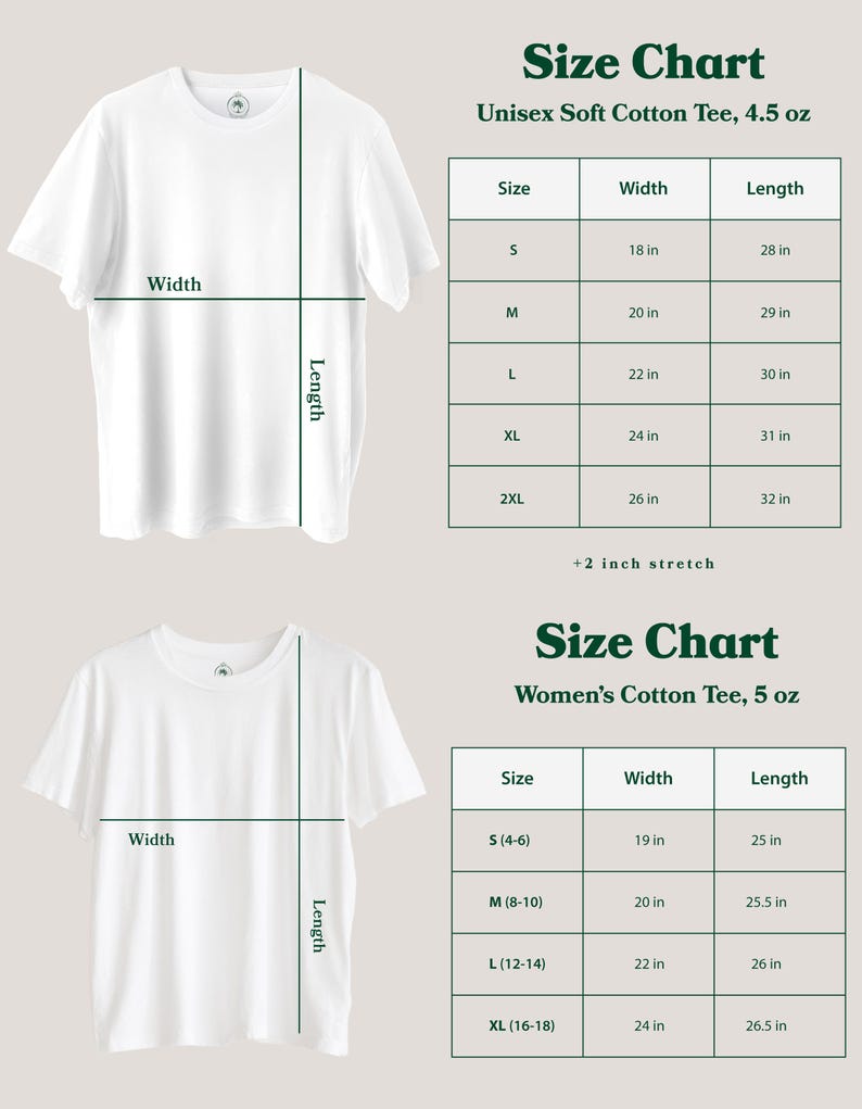 K&ouml;nnte beinhalten: Eine Gr&ouml;&szlig;entabelle f&uuml;r T-Shirts mit zwei separaten Tabellen f&uuml;r ein Unisex-T-Shirt aus weicher Baumwolle mit 4,5 oz und ein Damen-T-Shirt aus Baumwolle mit 5 oz. Die Tabellen listen Gr&ouml;&szlig;en, Breiten und L&auml;ngen in Zoll sowie einen Stretch-Hinweis.