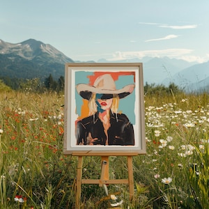 May include: A framed painting of a woman wearing a wide-brimmed hat and a black jacket. The painting is set against a blue and orange background and is displayed on an easel in a field of wildflowers.
