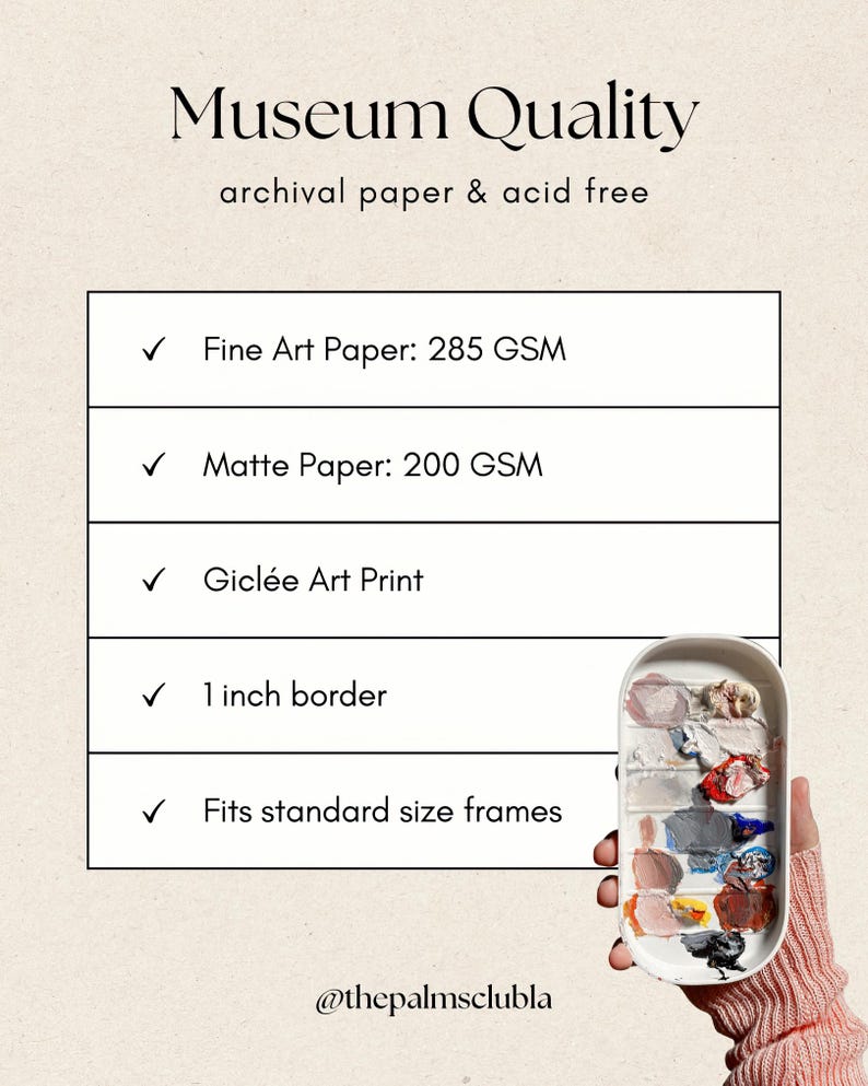 Puede incluir: Una tabla rectangular blanca titulada Museum Quality con el texto archival paper & acid free. Enumera Fine Art Paper: 285 GSM, Matte Paper: 200 GSM, Gicl&eacute;e Art Print, 1 inch border y Fits standard size frames. Se muestra una paleta de pintura.