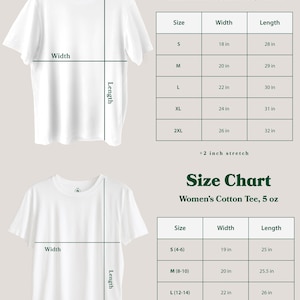 May include: A white t-shirt size chart displaying two distinct tables for a Unisex Soft Cotton Tee at 4.5 oz and a Women's Cotton Tee at 5 oz. Each table lists sizes, widths, and lengths in inches, with a note indicating a 2-inch stretch.