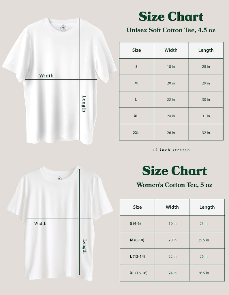 May include: A white t-shirt size chart displaying two distinct tables for a Unisex Soft Cotton Tee at 4.5 oz and a Women's Cotton Tee at 5 oz. Each table lists sizes, widths, and lengths in inches, with a note indicating a 2-inch stretch.