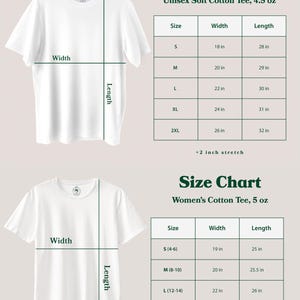 May include: Size chart for a unisex soft cotton tee, available in sizes S, M, L, XL, and 2XL. The chart shows the width and length of each size in inches. The tee is 4.5 ounces. A size chart for a women's cotton tee is also shown, available in sizes S (4-6), M (8-10), L (12-14), and XL (16-18). The chart shows the width and length of each size in inches. The tee is 5 ounces.
