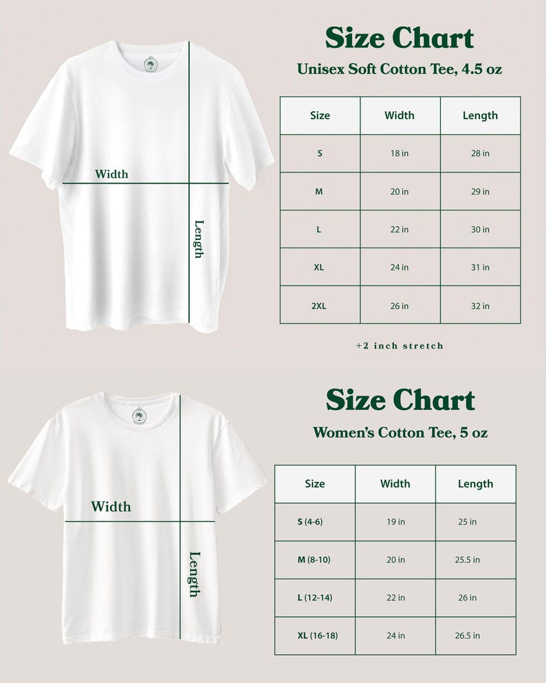 May include: Size chart for a unisex soft cotton tee, available in sizes S, M, L, XL, and 2XL. The chart shows the width and length of each size in inches. The tee is 4.5 ounces. A size chart for a women's cotton tee is also shown, available in sizes S (4-6), M (8-10), L (12-14), and XL (16-18). The chart shows the width and length of each size in inches. The tee is 5 ounces.