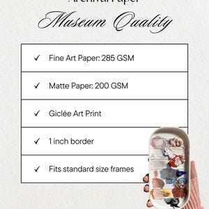 May include: An informational graphic titled Archival Paper Museum Quality listing specifications: Fine Art Paper 285 GSM, Matte Paper 200 GSM, Gicl&eacute;e Art Print, 1 inch border, and fits standard size frames. Includes a paint palette with colourful oil paint.