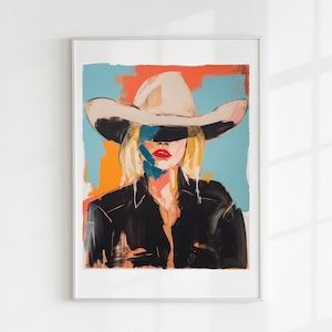 May include: A painting of a woman wearing a large white cowboy hat. The woman's face is partially obscured by the hat, and her lips are painted a bright red. The background is a colorful abstract design with shades of blue, orange, and pink.