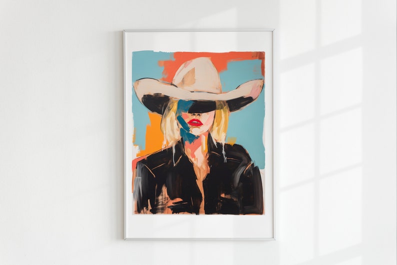 May include: A painting of a woman wearing a large white cowboy hat. The woman's face is partially obscured by the hat, and her lips are painted a bright red. The background is a colorful abstract design with shades of blue, orange, and pink.
