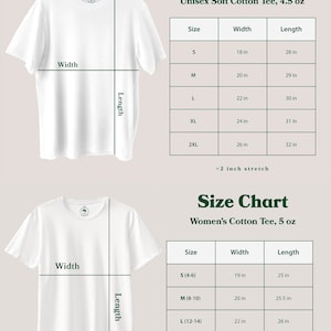 May include: Size chart for a unisex soft cotton tee, available in sizes S, M, L, XL, and 2XL. The chart shows the width and length of each size in inches. The tee is 4.5 ounces. A size chart for a women's cotton tee is also shown, available in sizes S (4-6), M (8-10), L (12-14), and XL (16-18). The chart shows the width and length of each size in inches. The tee is 5 ounces.
