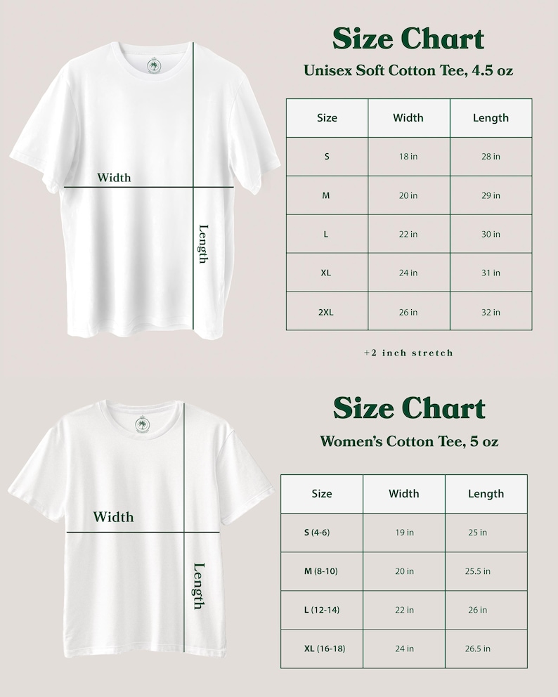 May include: Size chart for a unisex soft cotton tee, available in sizes S, M, L, XL, and 2XL. The chart shows the width and length of each size in inches. The tee is 4.5 ounces. A size chart for a women's cotton tee is also shown, available in sizes S (4-6), M (8-10), L (12-14), and XL (16-18). The chart shows the width and length of each size in inches. The tee is 5 ounces.