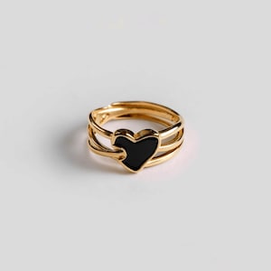 Black Heart Gold Ring, Adjustable Gold Heart Jewelry, 18k Gold Stainless Steel, Heart 18k Gold Ring, Waterproof Jewelry, Gold Heart Jewelry