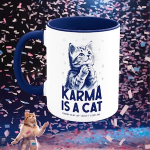 Karma Is a Cat Coffee Mug | Adorable Cat Lover Gift, Vintage-Style Ceramic Mug, Cat Cup, Original Art, Navy Handle