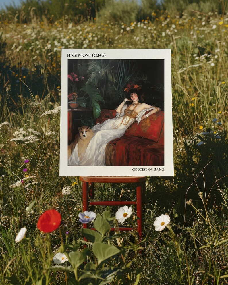 May include: A framed print of a painting depicting a woman in a white dress sitting on a red couch with a dog. The painting is titled "Persephone (c.1443)" and the text "Goddess of Spring" is at the bottom of the print. The print is sitting on a wooden stool in a field of wildflowers.